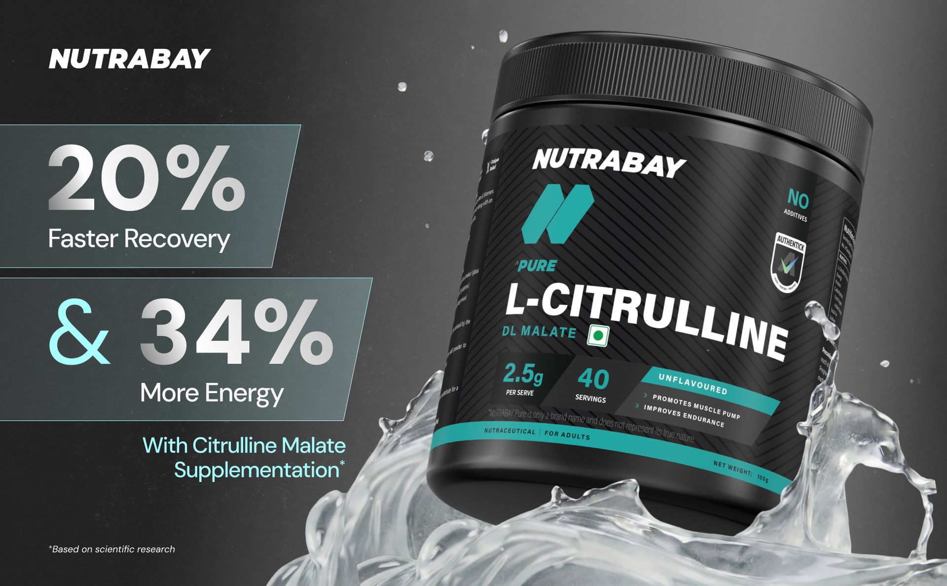 Nutrabay Pure Citrulline Malate Powder 2500mg per Serving - Boosts Nitric Oxide, Pre Workout supplement for Men & Women for Faster Recovery, Endurance & Muscle Build Up - 100g, Unflavoured