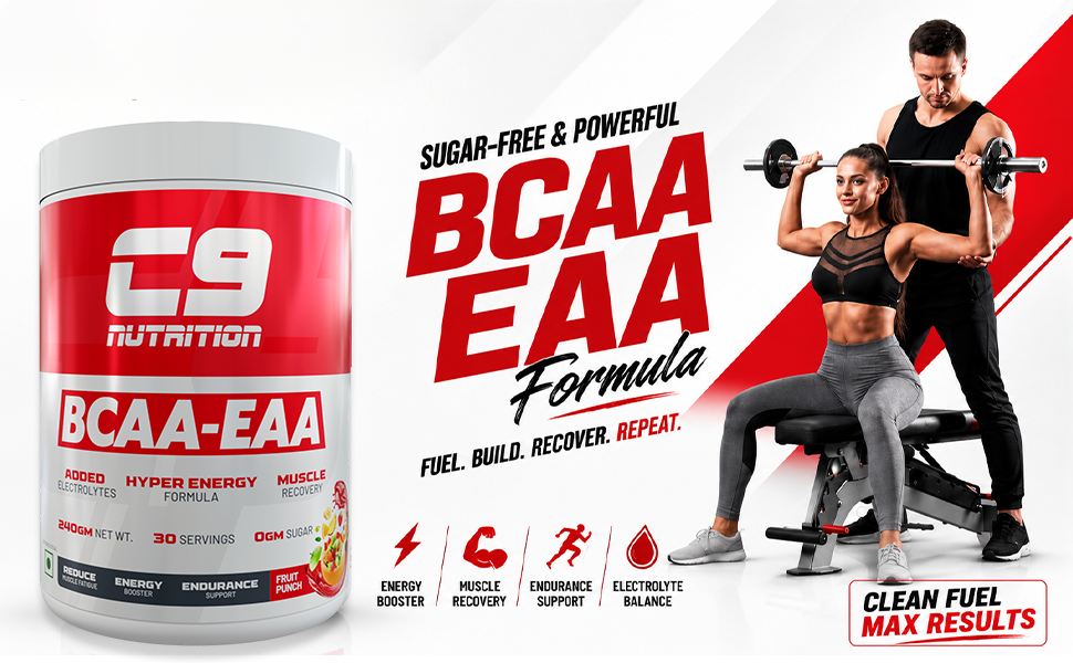 C9 NUTRITION BCAA EAA Powder with 5000mg BCAA, 9000mg EAA & 500mg L-Arginine | Sugar-Free Amino Acid Supplement with Electrolytes for Workout & Muscle Recovery | 30 Servings, Orange Flavour)