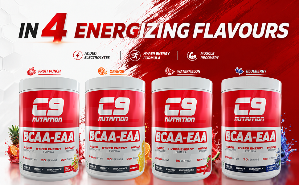 C9 NUTRITION BCAA EAA Powder with 5000mg BCAA, 9000mg EAA & 500mg L-Arginine | Sugar-Free Amino Acid Supplement with Electrolytes for Workout & Muscle Recovery | 30 Servings, Orange Flavour)