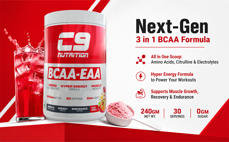 C9 NUTRITION BCAA EAA Powder with 5000mg BCAA, 9000mg EAA & 500mg L-Arginine | Sugar-Free Amino Acid Supplement with Electrolytes for Workout & Muscle Recovery | 30 Servings, Orange Flavour)