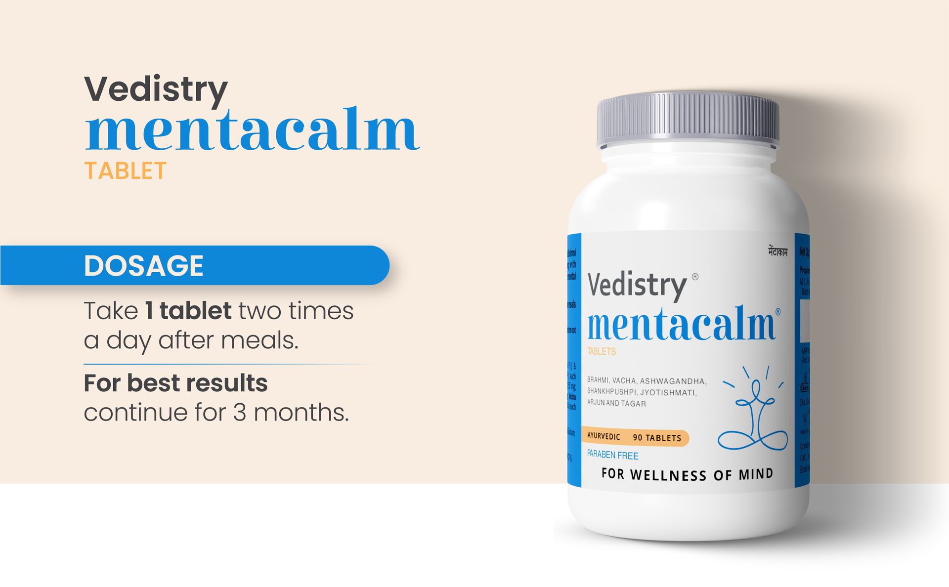 Vedistry Mentacalm Ayurvedic Tablets for Stress Relief, Anxiety Relief Calm Mind | 90 Tablets | Ashwagandha, Brahmi, Shankhapushpi, Tagar | Mood Support & Nervous System Balance | Herbal Anti Anxiety Supplement