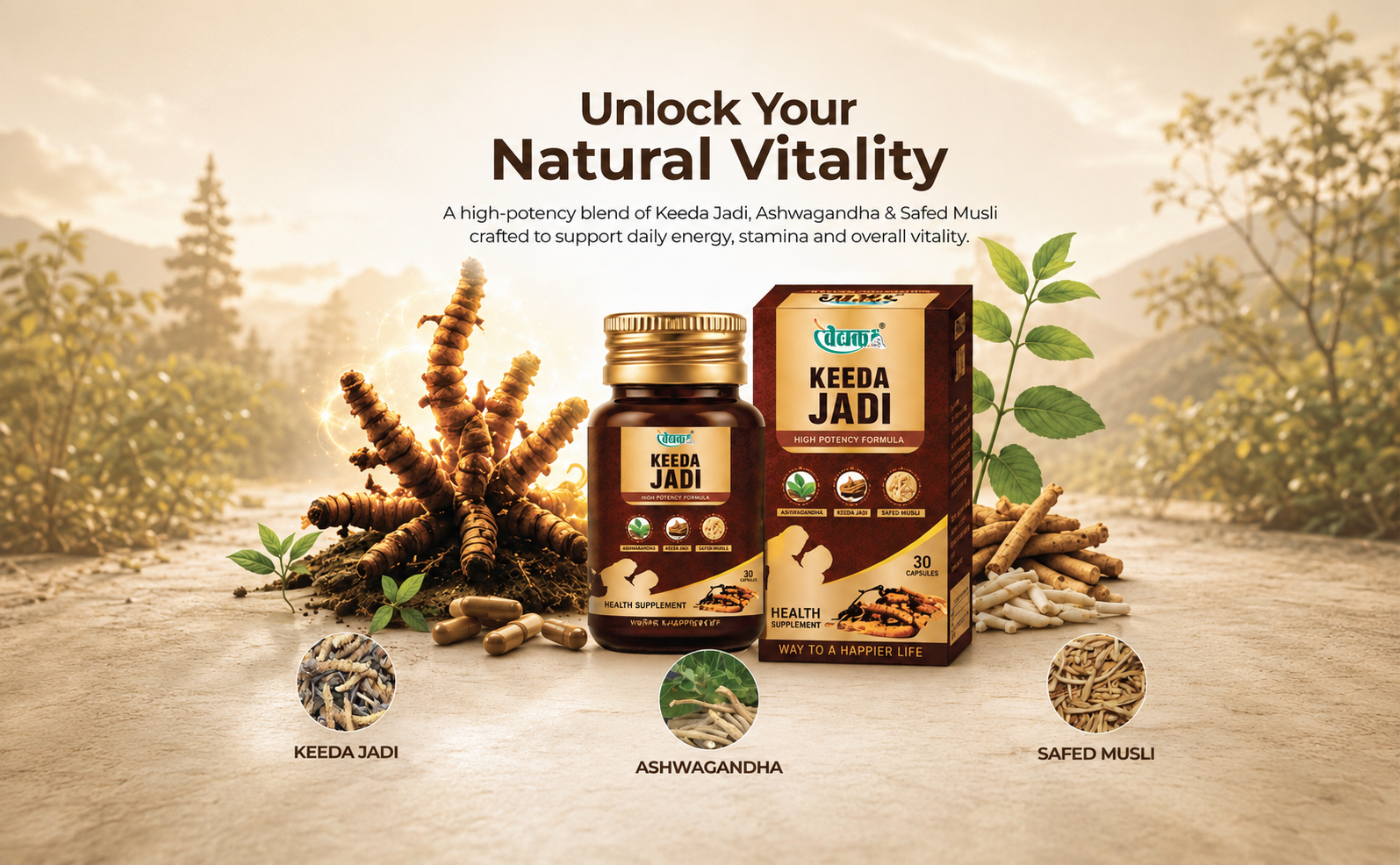 Swadeshi Ayurved Keeda Jadi Capsules 30 | Ayurvedic Herbal Supplement for Daily Energy, Vitality, Stamina & Strength Support | Natural Wellness Supplement