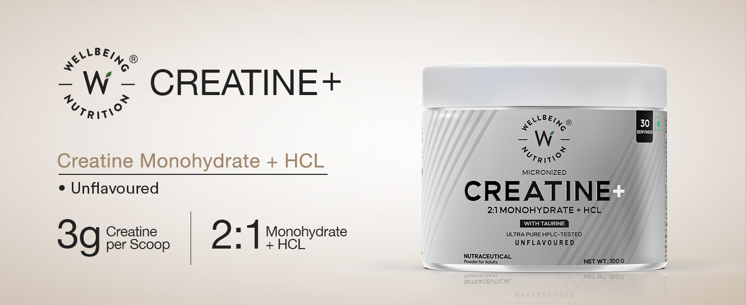 Wellbeing Nutrition 100% Pure Micronised Creatine Powder Monohydrate + HCL | Taurine | For Muscle Strength & Recovery, Muscle Growth & Cognition | Unflavoured,100g, 30 servings For Men & Women