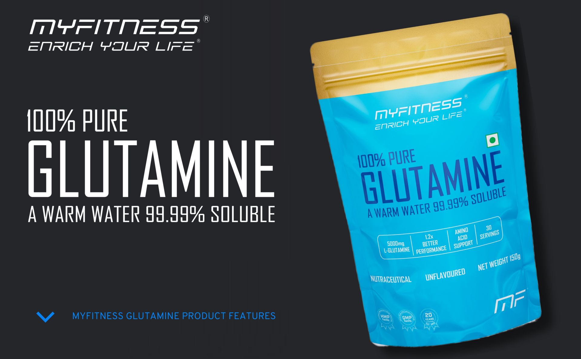 Myfitness 100% Pure Glutamine Powder | 150g | 5000mg L-Glutamine Powder | Unflavoured | Glutamine Supplement For Men & Women