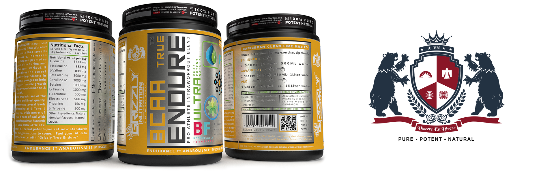 Grizzly Nutrition True Endure 300g - BCAA 4:1:1 Pro Ratio,6th Gen 2026, Up to 60 Servings, 12+ Vitality Boosters, Energy+ Pre-Booster 75 Servings - Platinum Grade (Spanish Strawberry