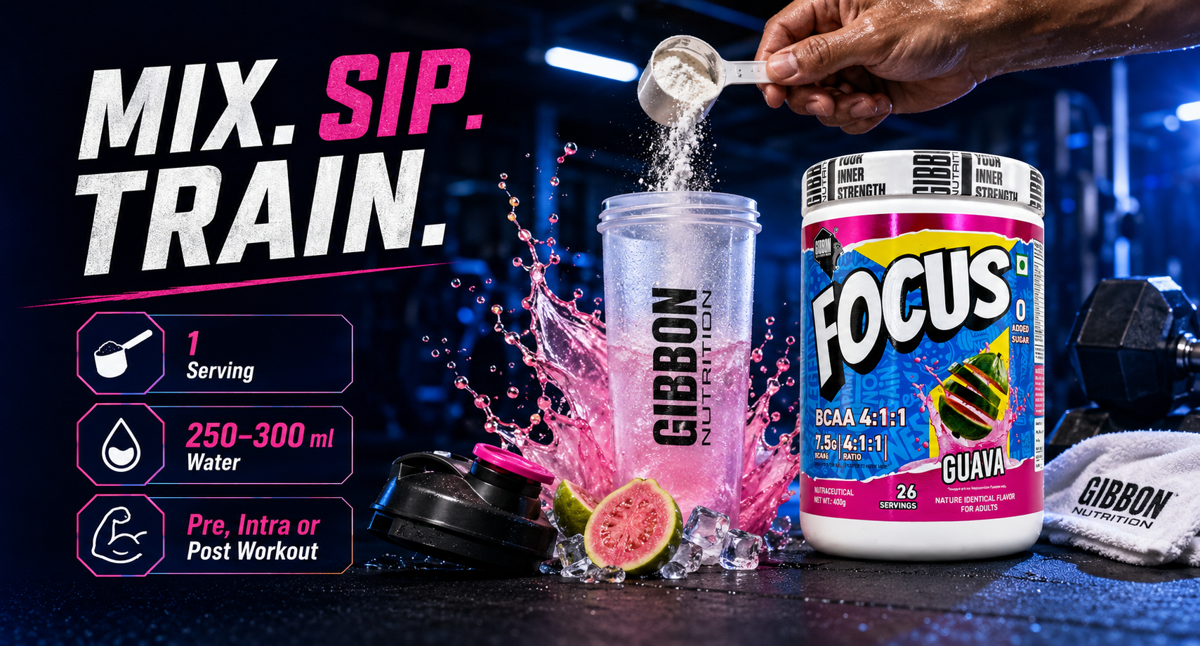 GIBBON Focus BCAA 4:1:1 Powder with Beta Alanine & L-Glutamine | Advanced Muscle Recovery & Endurance Support | Amino Acid Supplement for Lean Muscle & Performance | 400g | 26 Servings (400 Gm, Watermelon)