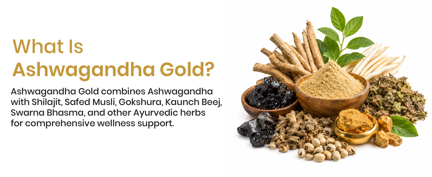Vlado's Himalayan Organics Ashwagandha Gold - 1040 MG Supplement I With Pure shilajit, Safed Musli, Gokshura, Kaunch Beej, 24 Carat Swarna Bhasma, True Gold I 12+ Herbs I 100% Ayurvedic I max Potency, Power & strength I For Stamina, Muscle Growth & Energy I Helps in Stress & Sleep Management | Improves Gym Performance | For Men & Women- 60 Veg Capsules
