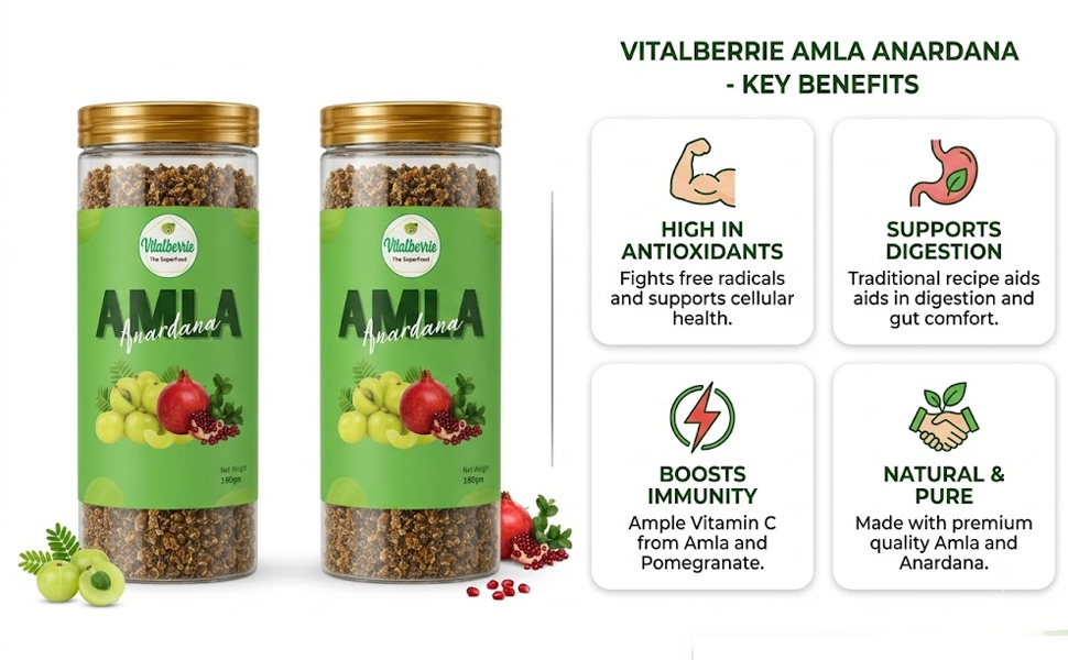 Vital-berrie | Amla Anardana Pack of 2 (180g Each)| Sweet & Tangy Indian Gooseberry & Pomegranate Mouthfreshner | Total 360g | Gifting