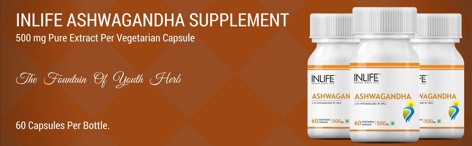 INLIFE Ashwagandha Extract 500mg Supplement, Withania, 60 Veg Capsules