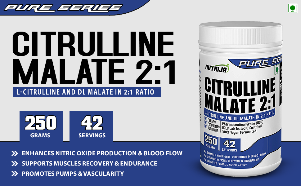 NutriJa Citrulline Malate Powder 250 Grams | 42 Servings | Boosts Nitric Oxide | For Muscle Pump, Circulation Support & Vascularity | Unflavoured