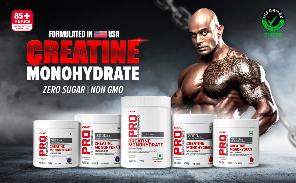 GNC Pro Performance Creatine Monohydrate with Black Shaker- 3000mg Creatine Per Scoop | Micronized for Faster Absorption | Boosts Energy, Muscle Volume & Performance | Gluten-Free | Blueberry | 100gm