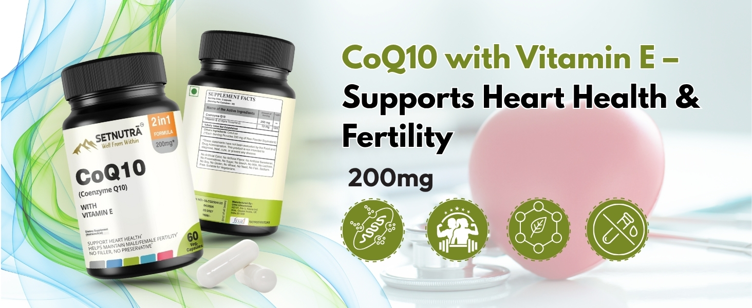 SETNUTRA CoQ10 with Vitamin E – 200mg Coenzyme Q10 Supplement | Supports Heart Health & Fertility | 2-in-1 Antioxidant Formula | 60 Veg Capsules | No Fillers or Preservatives