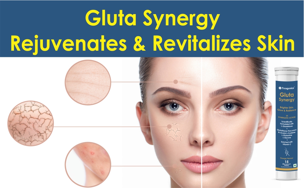 Trexgenics GLUTA SYNERGY L-Glutathione 500 mg + Glutathione Precursors 750 mg as N-Acetyl Cysteine, Glycine & Glutamine + Vitamin C Skin Glow, Radiance (2 Pack x 15 =30 Effervescent Tablets , Orange flavour