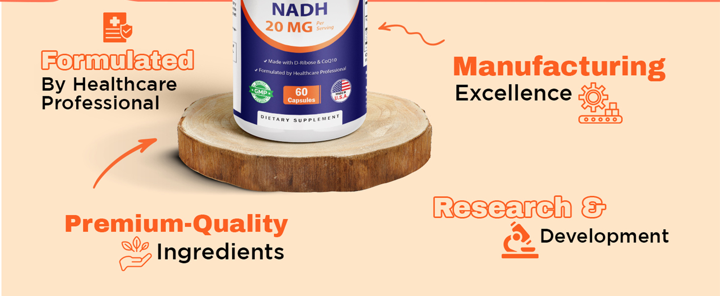 Vitamatic NADH 20mg with D-Ribose & CoQ10 – 60 Capsules, B-Nicotinamide Adenine Dinucleotide, Non-GMO, Gluten Free