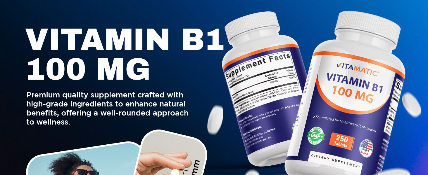 Vitamatic Vitamin B1 100 mg, 250 Tablets, Non-GMO, Thiamine