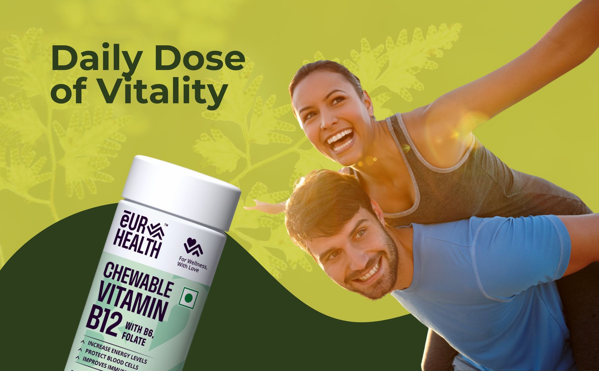 Eur Health Vitamin B12 with Methyl Folate Vitamin B6 Chewable Tablets Strawberry andLemon Flavor - 60 Tablets