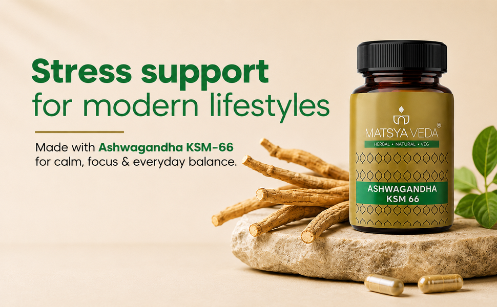 MatsyaVeda Herbals Ashwagandha KSM-66 | 100% Pure Root Extract | Lab Tested | Non-GMO | GMP Certified | For Stress Support, Mental Clarity & Daily Energy | 60 Capsules
