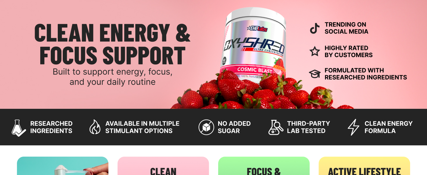 EHP Labs OxyShred Pre Workout Powder - Preworkout Powder with L Glutamine & Acetyl L Carnitine, Energy Boost Drink - Raspberry Refresh, 60 Servings