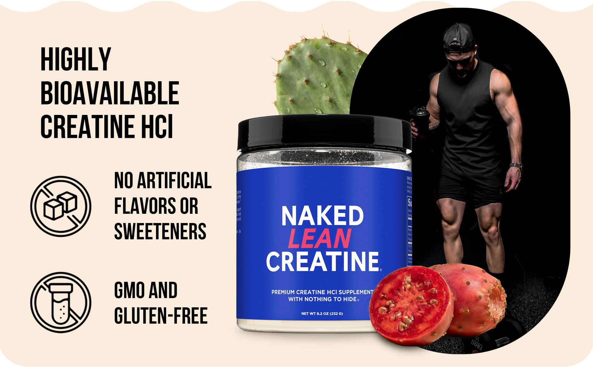 NAKED Lean Creatine HCl Powder, 100 Servings - Con-Cret Creatine Hydrochloride with Organic Prickly Pear Extract, Electrolytes - Muscle Growth, Strength & Cognitive Support - Unflavored