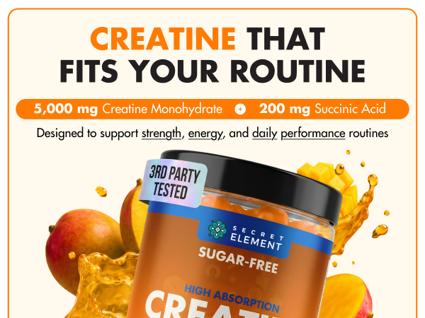 Creatine Monohydrate Sugar Free Vegan Gummies, Mango Flavor, 120 Ct