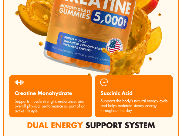 Creatine Monohydrate Sugar Free Vegan Gummies, Mango Flavor, 120 Ct