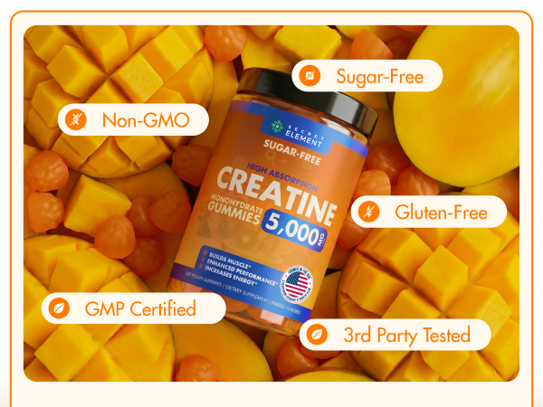 Creatine Monohydrate Sugar Free Vegan Gummies, Mango Flavor, 120 Ct