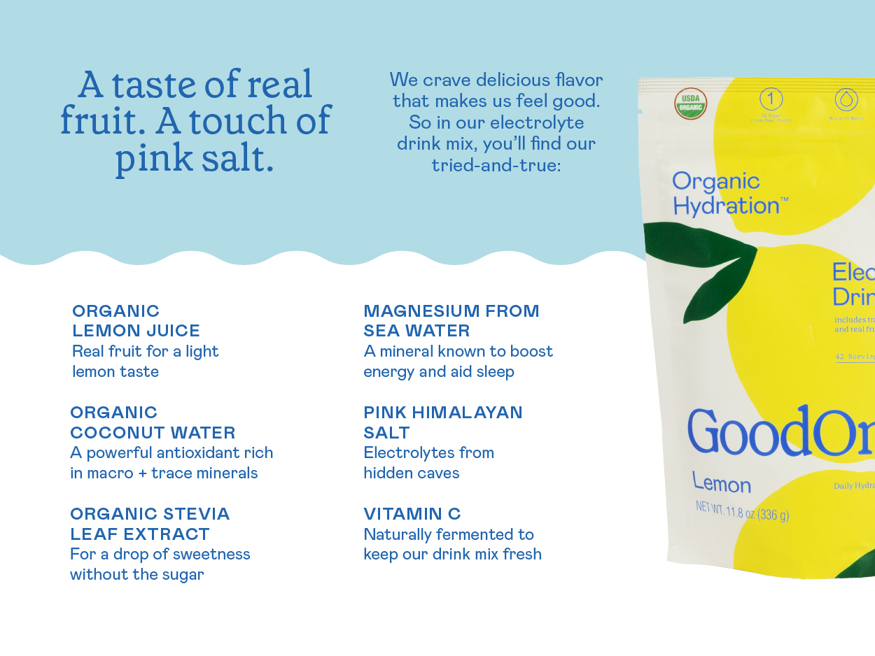 GoodOnya Organic Hydration Electrolyte Drink Mix, Certified Organic Hydration Powder, Non-GMO, Biochecked Glyphosate Free, Low Sugar, Lemonade Flavor, No Artificial Flavors, 42 Servings