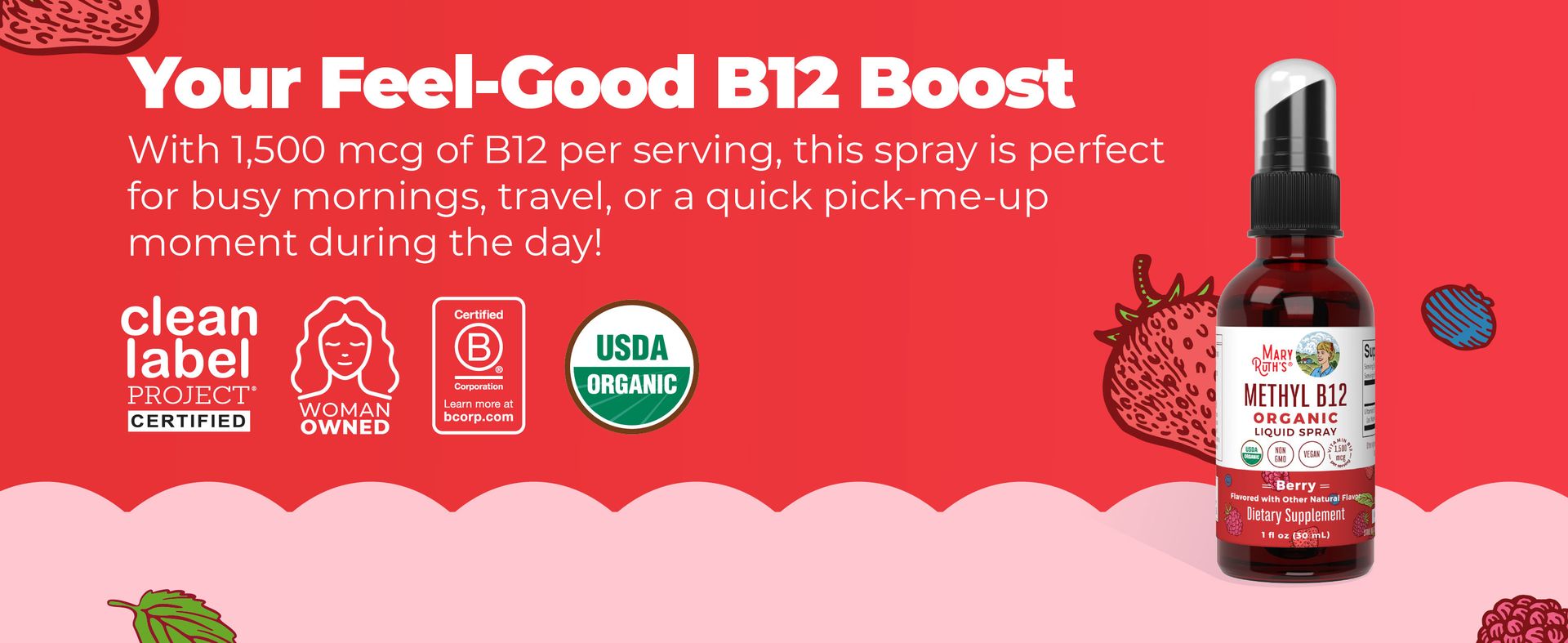 MARYRUTH'S Organic Methyl B12 Spray, 1,500 mcg B12 Per Serving, 1 Fl Oz