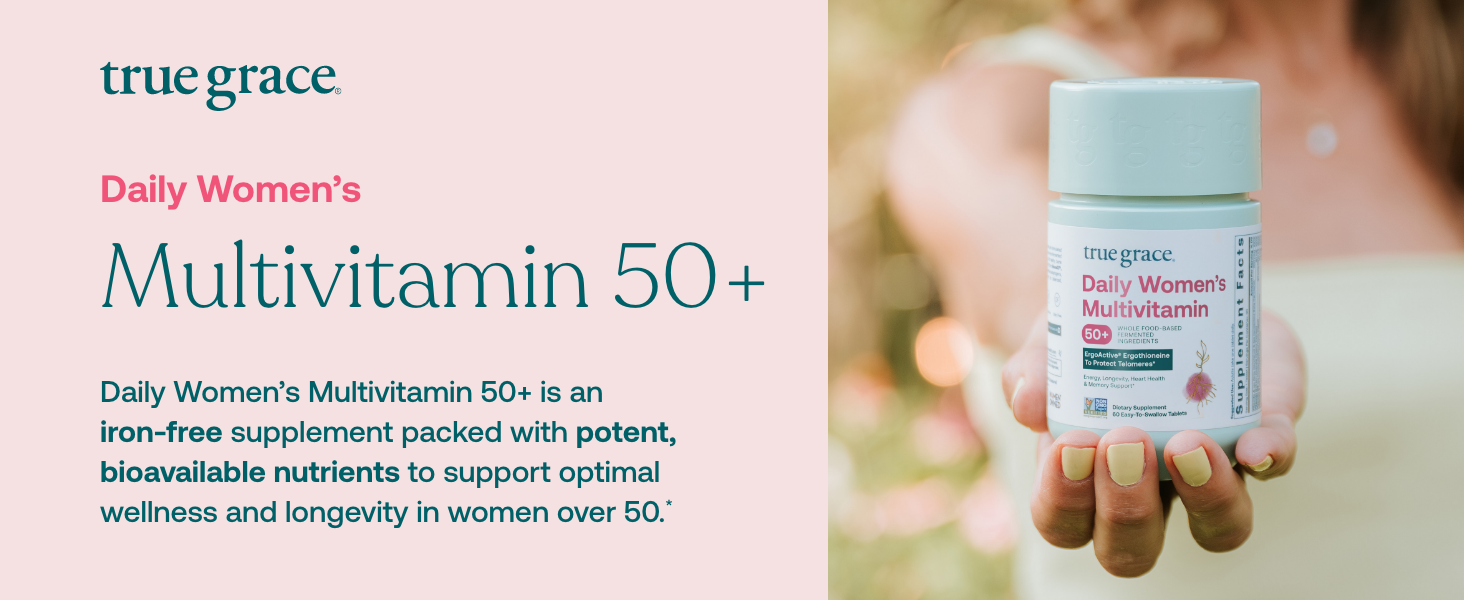 True Grace Daily Women’s Multivitamin 50+ - 60 Easy-to-Swallow Tablets - Immune, Energy, Longevity & Memory Support - Vegan - Gluten, Soy & Iron Free - 30 Servings