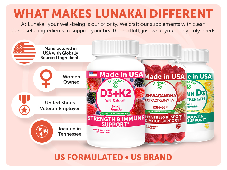 Lunakai USA Made Calcium Magnesium Zinc Gummies with Vitamin D3 & K2, 60ct