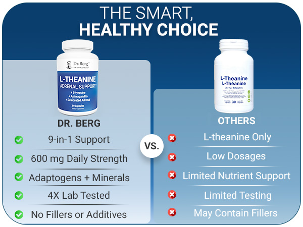 Dr. Berg 600 mg L-Theanine Adrenal Support - 90 Capsules with Ashwagandha & L-Tyrosine, Zinc & Manganese - Advanced 9-in-1 Adaptogen & Mineral Formula - No Fillers*