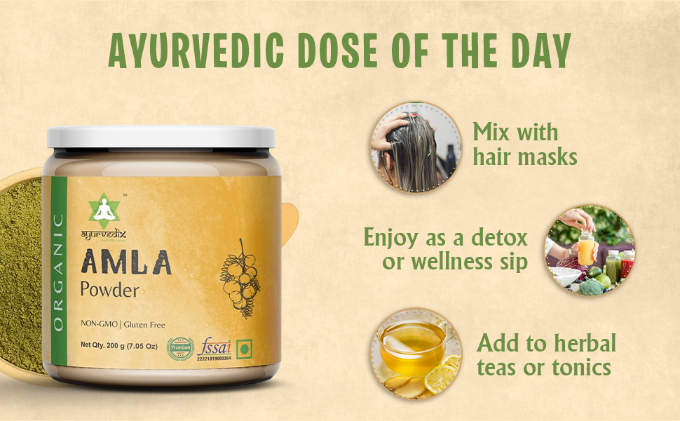 Ayurvedix Organic Amla Powder for Hair Growth & Skin Care (200g) | 100% Pure, De-Seeded, FSSAI & Organic Certified | Ideal for Hair Pack, Eating & Drinking | No Preservatives