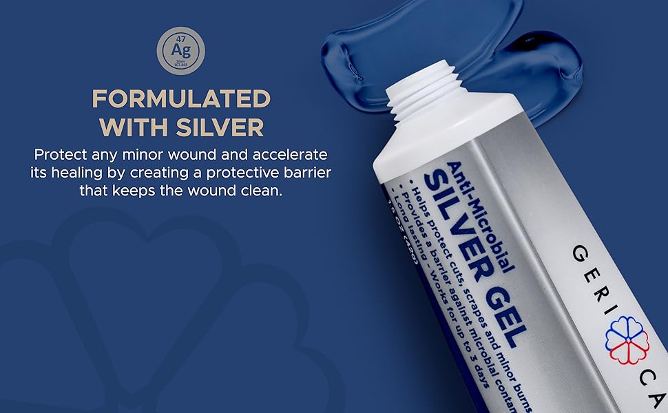Antimicrobial Silver Gel By GeriCare| Wound Care Cream For Cuts Scrapes Minor Burns| Natural Topical Skin Healing Ointment| 55PPM Colloidal Silver Gel For Wound Dressing |Long-Lasting Protection|1.5oz