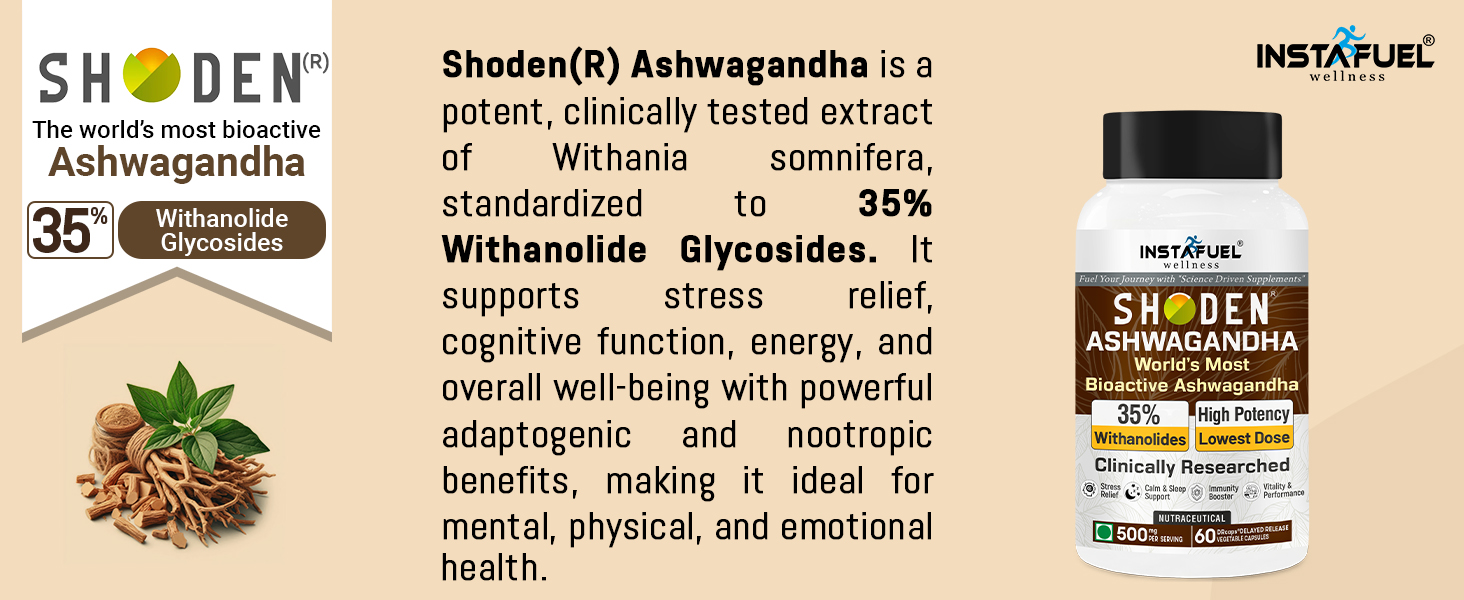 Instafuel Ashwagandha Supplements | Clinically Research 35% Withanolides Shoden® Ashwagandha Roots Extract - Mood, Stress, Sleep, Brain Memory Booster, Energy, Immunity & Vitality | 60 Veg Capsules