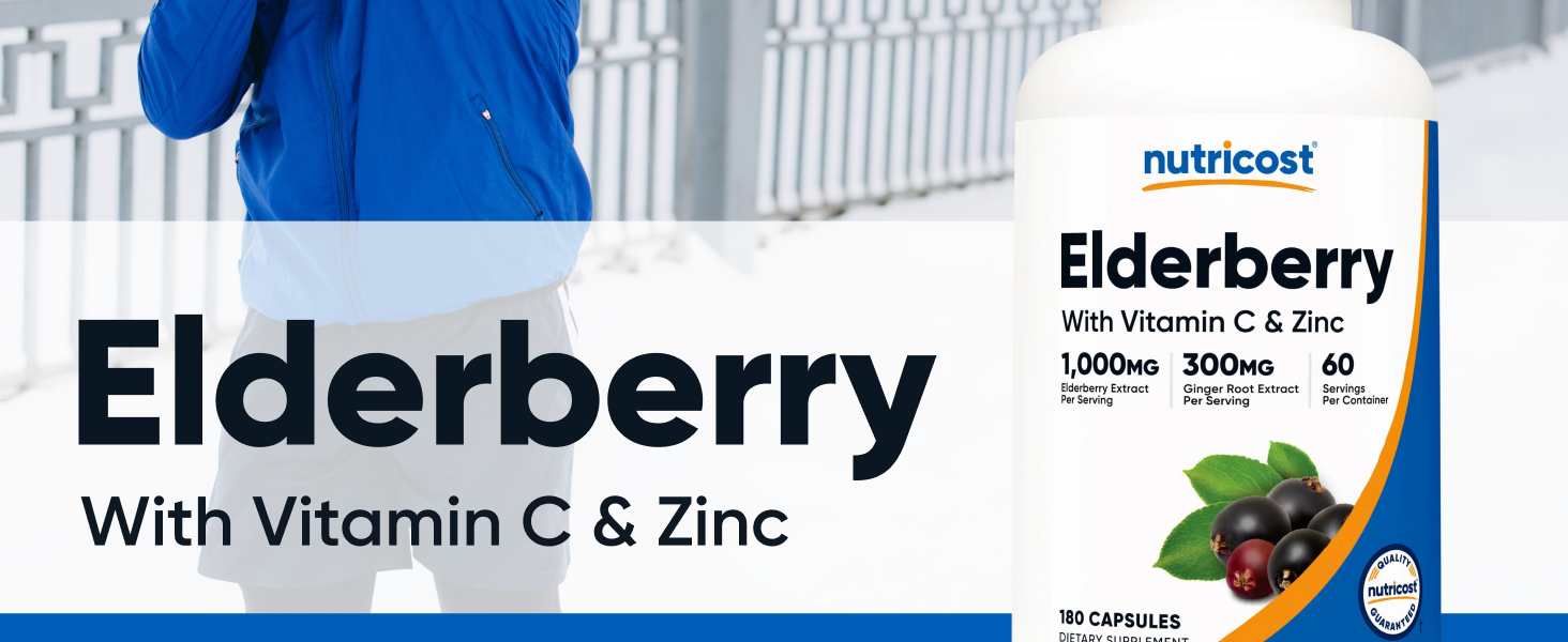 Nutricost Elderberry & Ginger Root Extract with Vitamin C, Zinc & Vitamin D 180 Capsules for 60 Servings Per Bottle - Vegetarian-Friendly Supplement, GMO-Free, Gluten-Free