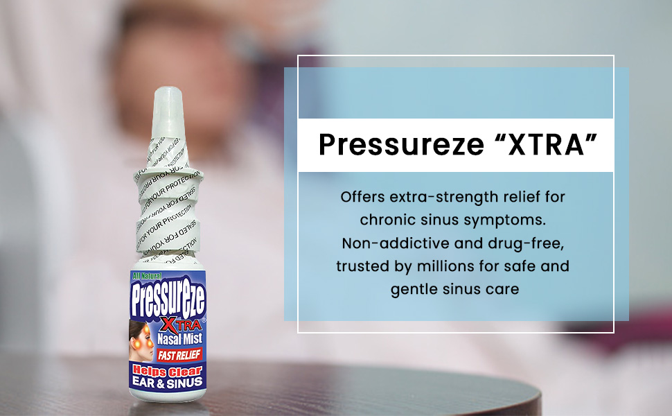 Pressureze Xtra - Natural- Preservative Free - Sterile Nasal Spray - for Severe Sinus Congestion Relief - Opens Blocked Ear Canals, Snoring - 245 Sprays, 34 ml (Pack of 1)