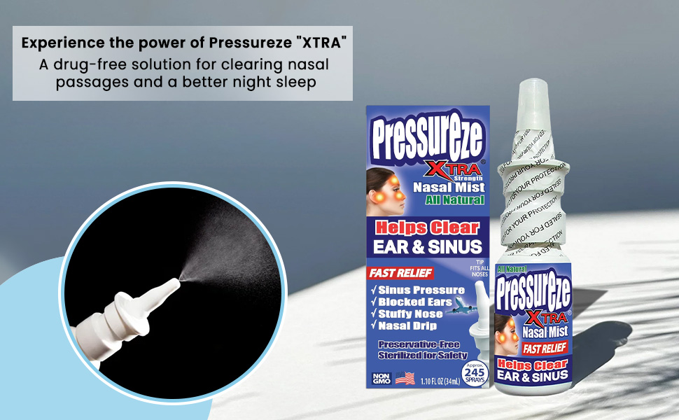 Pressureze Xtra - Natural- Preservative Free - Sterile Nasal Spray - for Severe Sinus Congestion Relief - Opens Blocked Ear Canals, Snoring - 245 Sprays, 34 ml (Pack of 1)