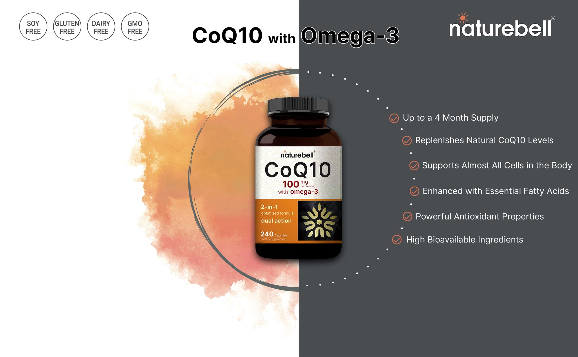 NatureBell CoQ10 100mg with Omega 3, 240 Capsules | Stable High Absorption Form – Antioxidant Support for Heart & Energy Health – Extra Strength Coenzyme Q10 Supplement