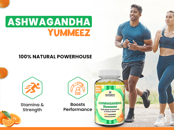 NATURYZ Clinically Researched KSM 66 Ashwagandha 500mg Gummies with Vitamin D3 | Strength, Energy, Immunity, Power & Stamina | Relax, Refresh Mind & Body | No Added Sugar | Gluten-Free, 50 Gummies(Orange Flavour)