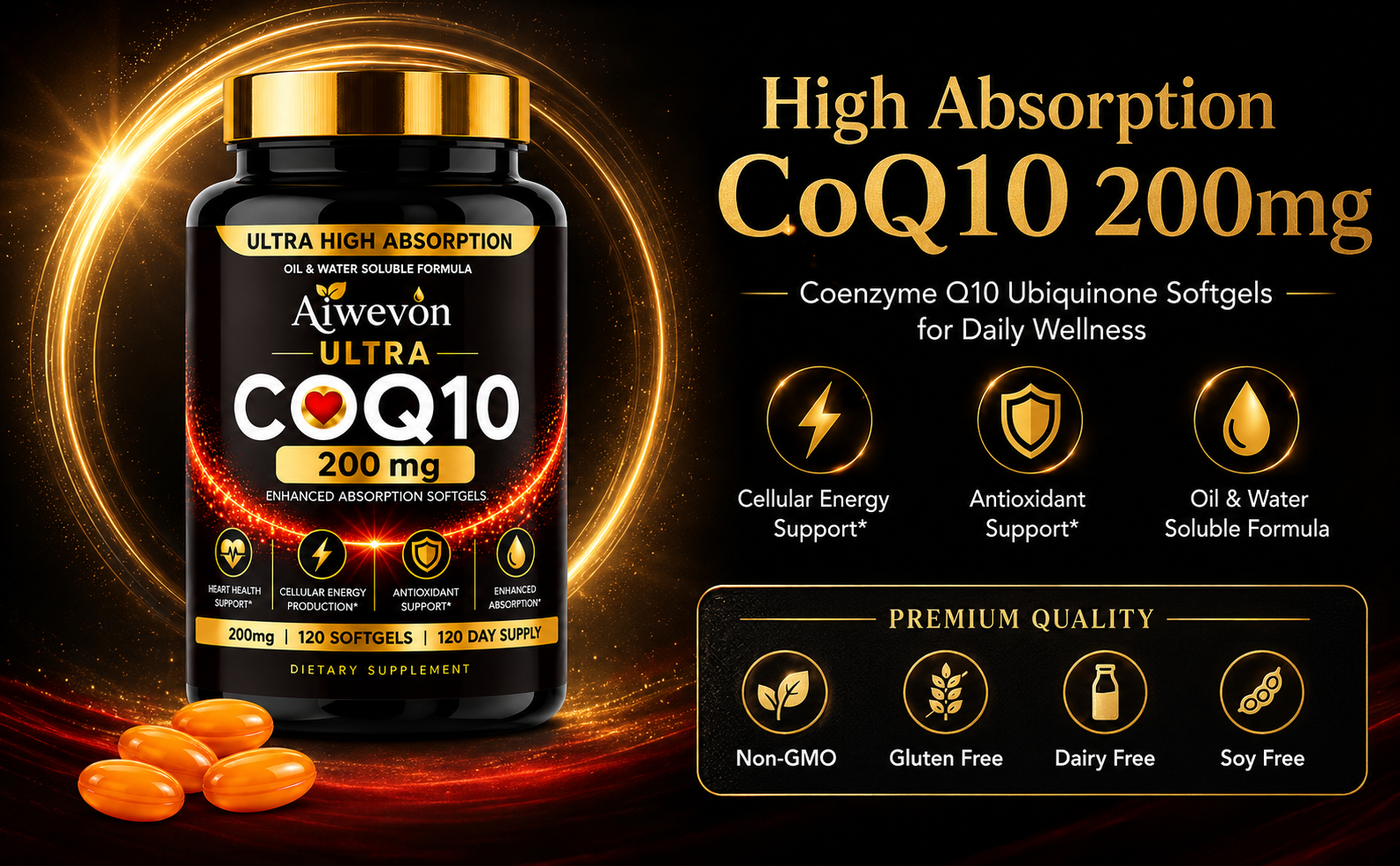 CoQ10 200mg Softgels, Coenzyme Q10 (Ubiquinone) Supplement, High Absorption Formula with Vitamin E, Antioxidant Support, Cellular Energy Support, Heart Wellness Supplement, 120 Softgels