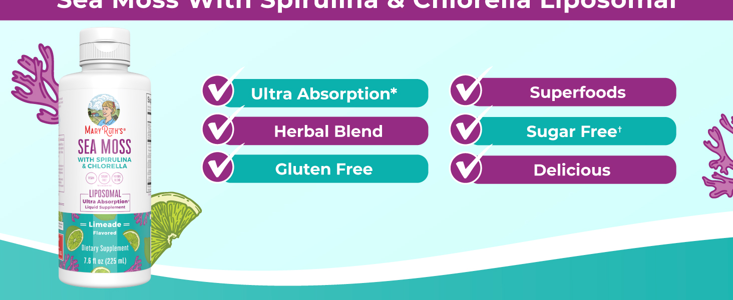 MARYRUTH'S Sea Moss with Spirulina and Chlorella Liposomal, 15 Servings