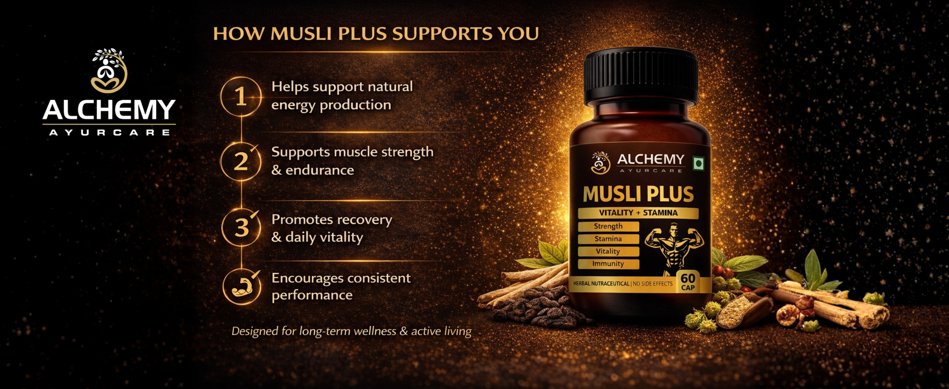 Musli Plus Capsules by Alchemy Ayurcare | Safed Musli, Black Musli, Ashwagandha, Kaunch Beej & Gokshura Blend | Strength, Stamina & Vitality Support | Men & Women | 60 Veg Capsules