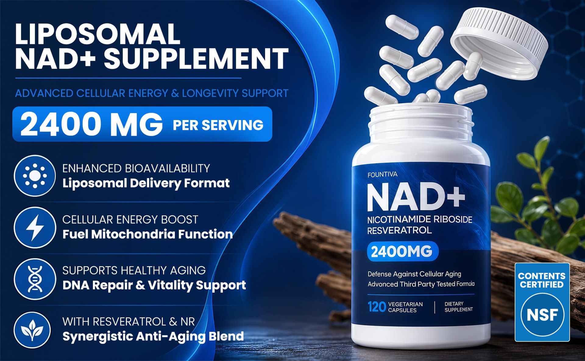 Liposomal NAD Supplement 2400mg - NAD+ Nicotinamide Riboside with Resveratrol, CoQ10, TMG & PQQ - Support Cellular Health, Stamina & Healthy Aging for Women & Men - 120 Capsules