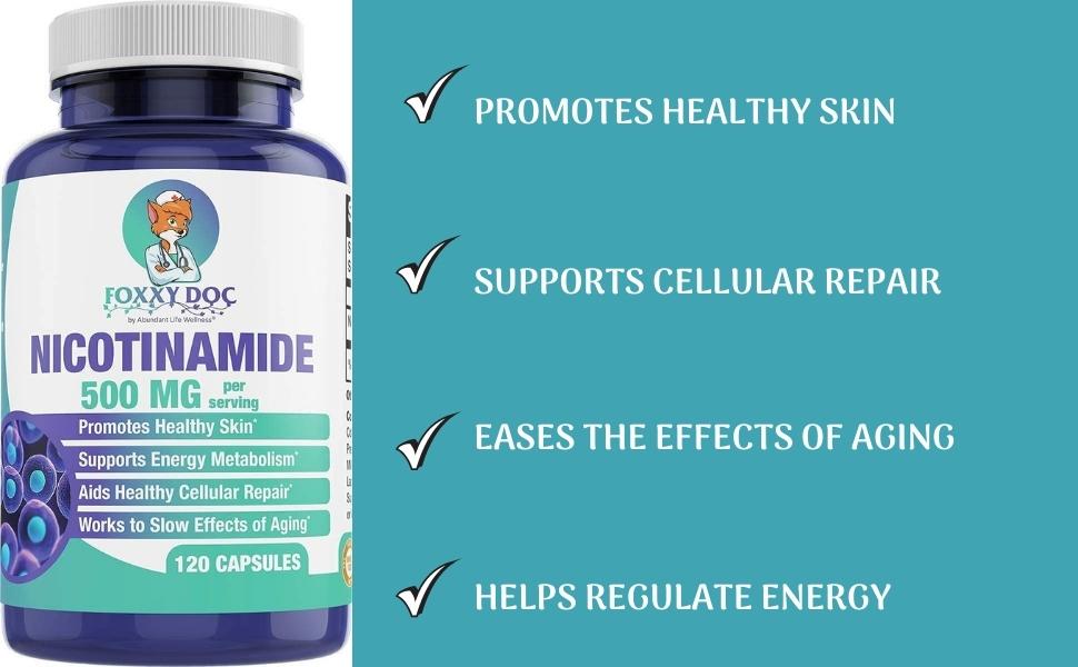 Nicotinamide 500 mg - Vitamin B3 – Energy; Cell & Skin Health. Value Priced - Flush-Free - 120 Veggie Caps by Foxxy Doc