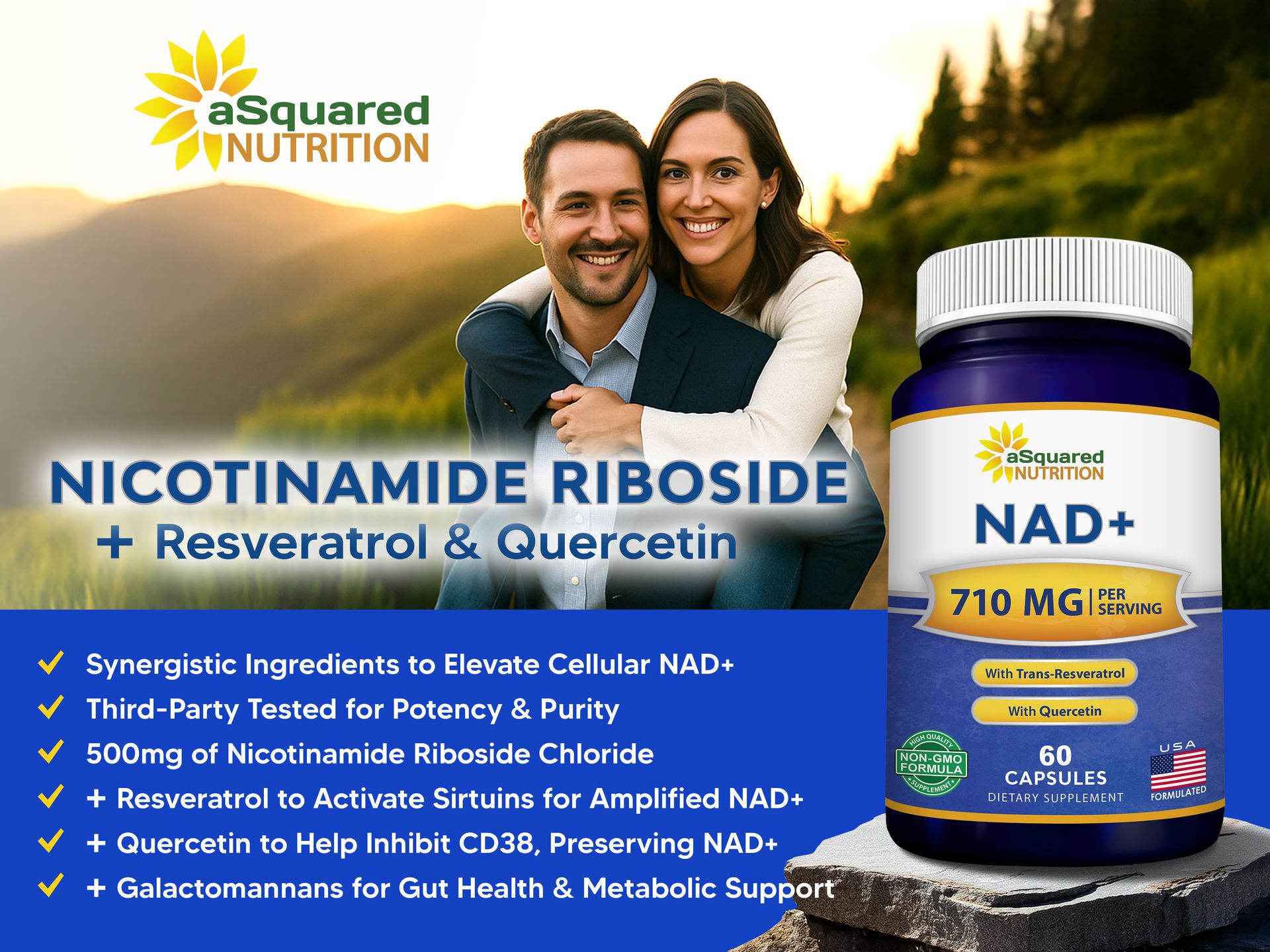 aSquared Nutrition NAD Resveratrol Supplement - NAD+ Nicotinamide Riboside 500mg (Vitamin B3) Plus Trans-Resveratrol & Quercetin - NMN Alternative for Men & Women - 60 Capsules