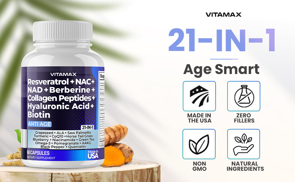Resveratrol NAD+ Berberine Hyaluronic Acid - Biotin Grape & Blueberry + NAC - Collagen Peptides - Hair, Nail, Skin & Joint Supplement - 21-in-1 Women and Men - Made in USA (60 Count (Pack of 1)