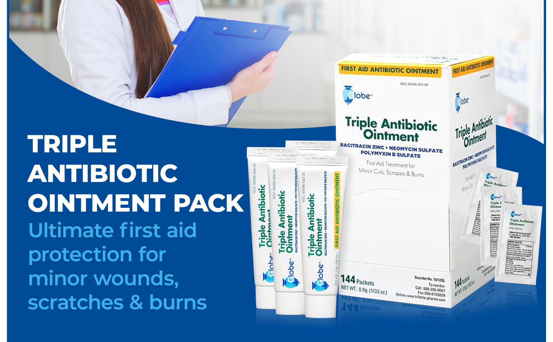 Globe Triple Antibiotic Ointment 0.9g Packets, First Aid 144-Count