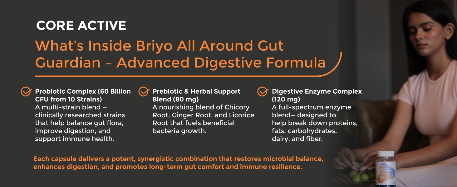 Briyo Gut Health Support – 60 Billion CFU Probiotics with Prebiotics, Digestive Enzymes & Herbs | Gut Guardian Formula to Boost Good Gut Bacteria, Support Digestion & Immunity, and Relieve Bloating & Gas