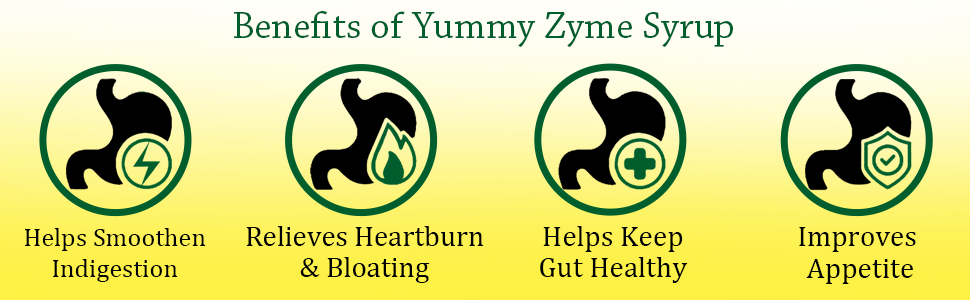 Healing Pharma - Yummy Zyme Digestive Enzyme Syrup | Ayurvedic Digestive Tonic with Hing & 25 Herbs | Relieves Indigestion, Bloating, Heartburn & Intestinal Gas | Sugar Free | 225 ml