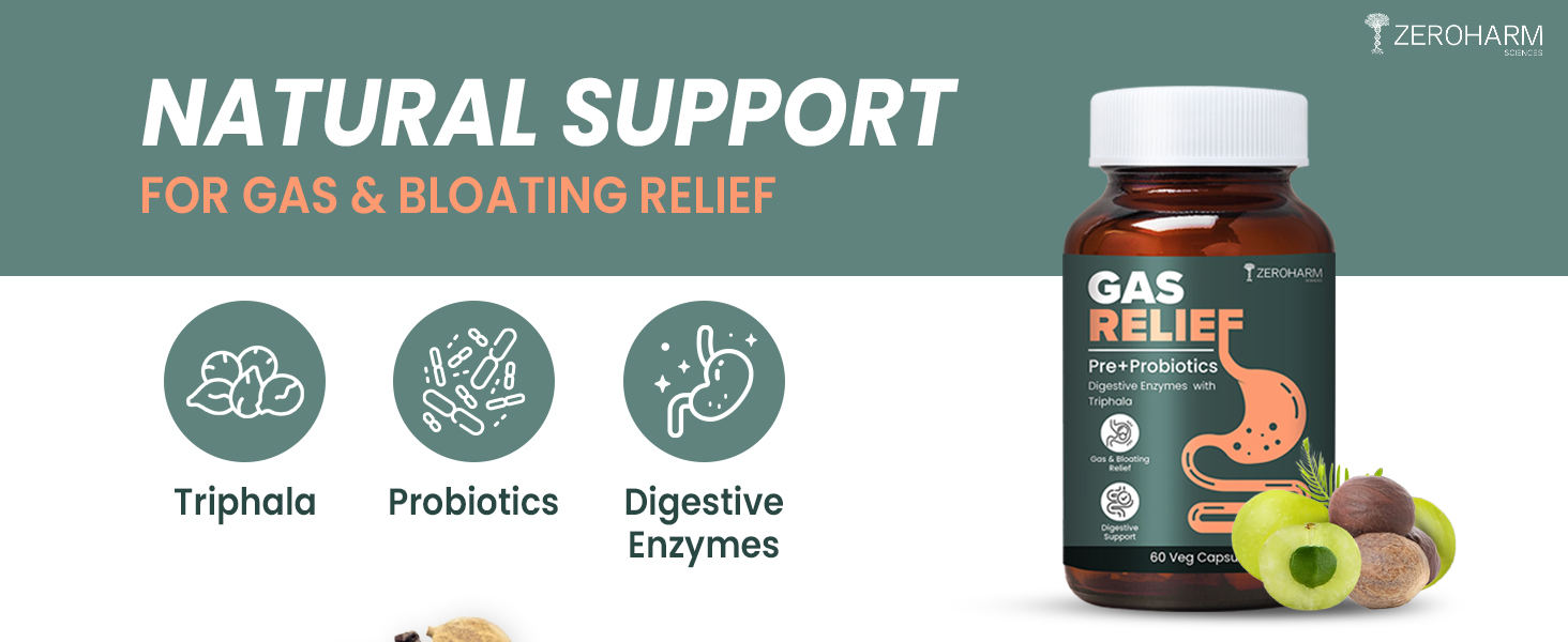 ZEROHARM Gas Relief Capsules | Ayurvedic Pre‑Probiotic & Digestive Enzymes Blend with Triphala (Amla, Haritaki, Bibhitaki) | Eases Digestion, Bloating, Gas Relief & Acidity | Men & Women | 60 Capsules